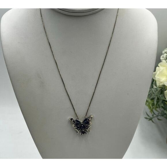 Vintage Sterling Silver Butterfly Pendant Amethyst Enamel 17" Box Chain Italy - Picture 2 of 13